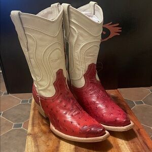 Freebird Red and Cream Heeled Boots - Warwick Red Ostrich